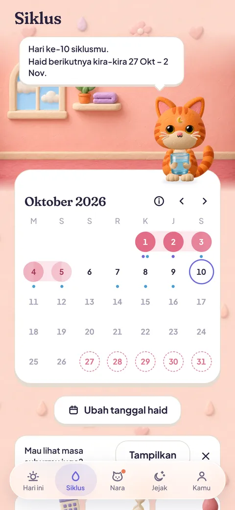 Tab Siklus: kalender sebulan dengan hari haid yang dicatat dan Nara memegang segelas air.