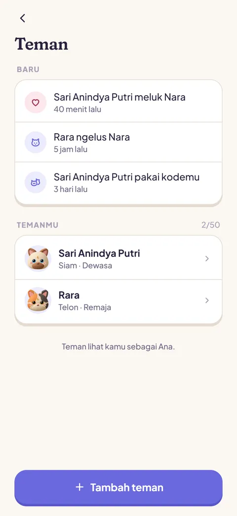 Daftar teman dengan Nara milik tiap teman.