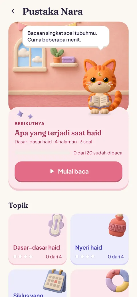 Pustaka Nara: Nara membaca di rak, bacaan berikutnya, dan daftar topik.