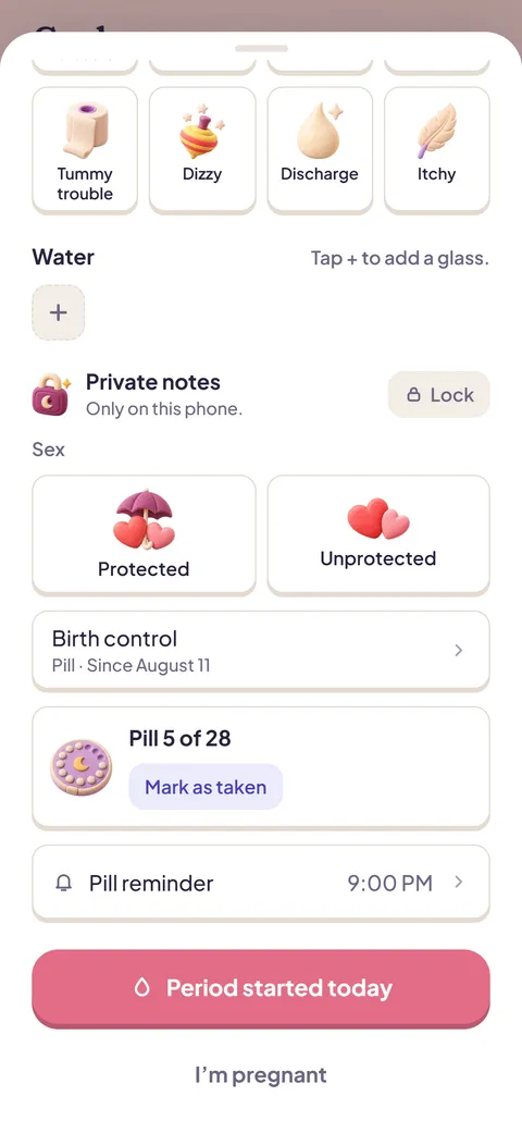 The private notes section, unlocked, with birth control and sex.