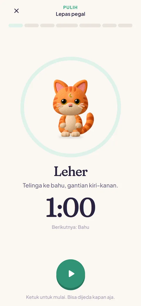 Sesi peregangan singkat: Nara di dalam lingkaran, nama gerakan, dan timer satu menit.
